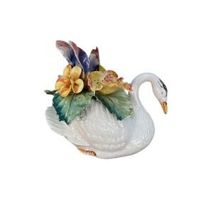 Capodimonte Italy Porcelain Swan Figurine with Flowers Vintage Ceramic Decor